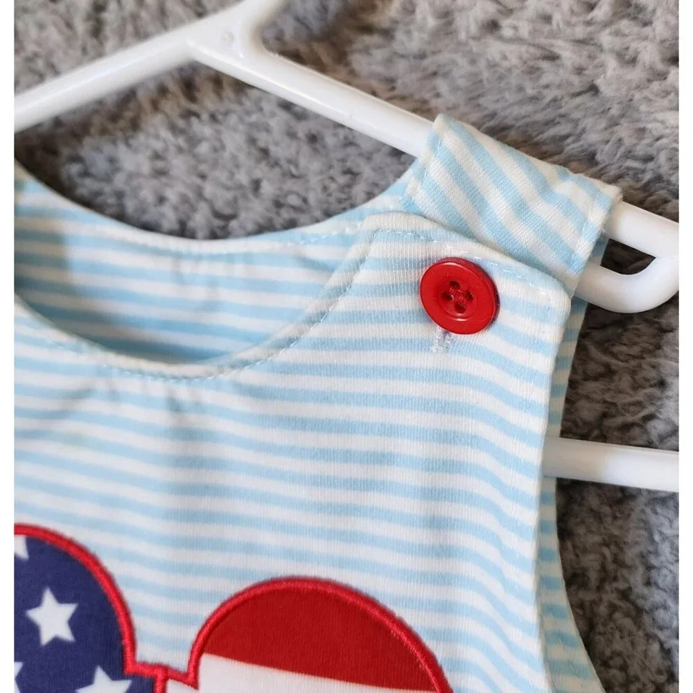 Abby & Evie Red White Blue‎ USA Embroidered Mickey Head One Piece Romper Size 6M